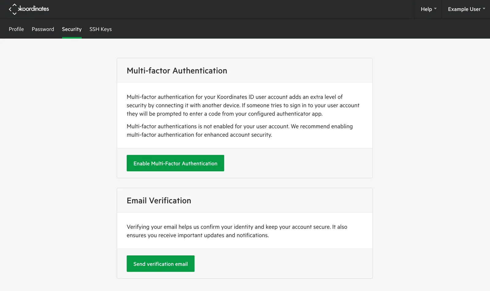 Security page of the Koordinates ID account with Multi-factor Authentication and Email Verification sections and a Send verification email button.