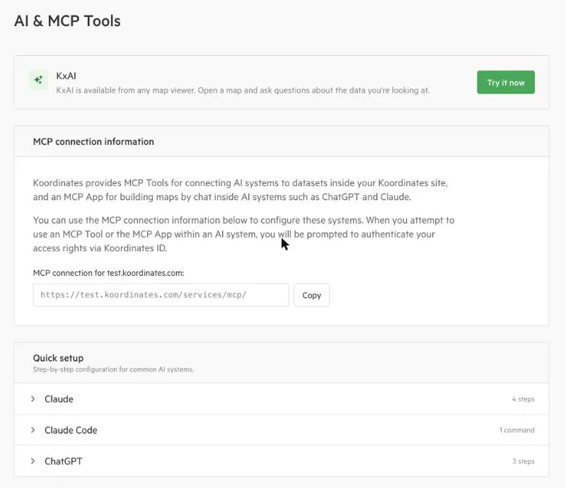 The AI & MCP Tools page with the MCP connection information and Quick setup panels