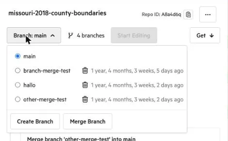 A repository page with the Branch popover open, listing the repository’s branches with the Create Branch and Merge Branch buttons below them
