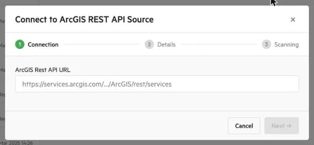 The Connect to ArcGIS REST API Source window on the Connection step, with an empty ArcGIS Rest API URL field and a disabled Next button.