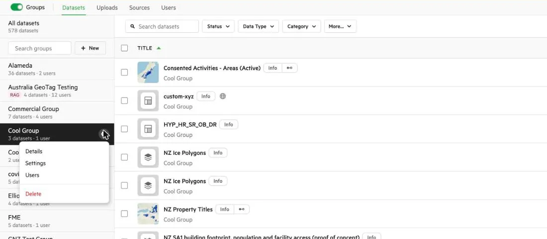 The Datasets tab with the filter bar and a group’s menu open, listing Details, Settings, Users and Delete