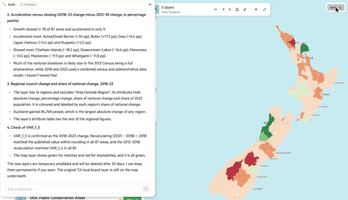 The KxAI chat panel open beside a map viewer, with the Ask a question box at the bottom