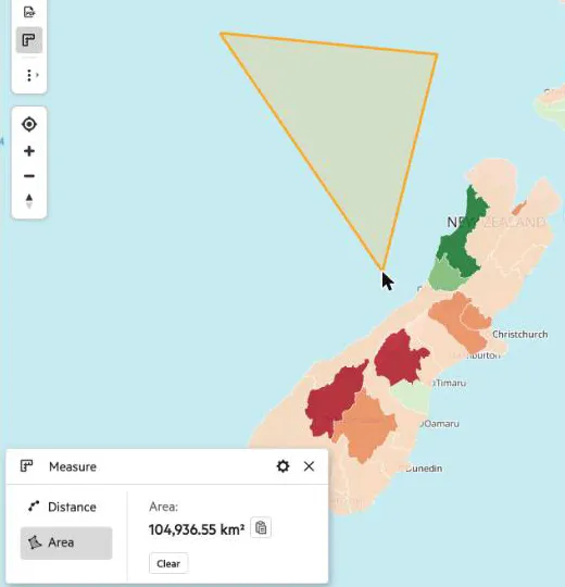 The Measure panel with Area selected, showing a measured polygon and its area in square kilometres