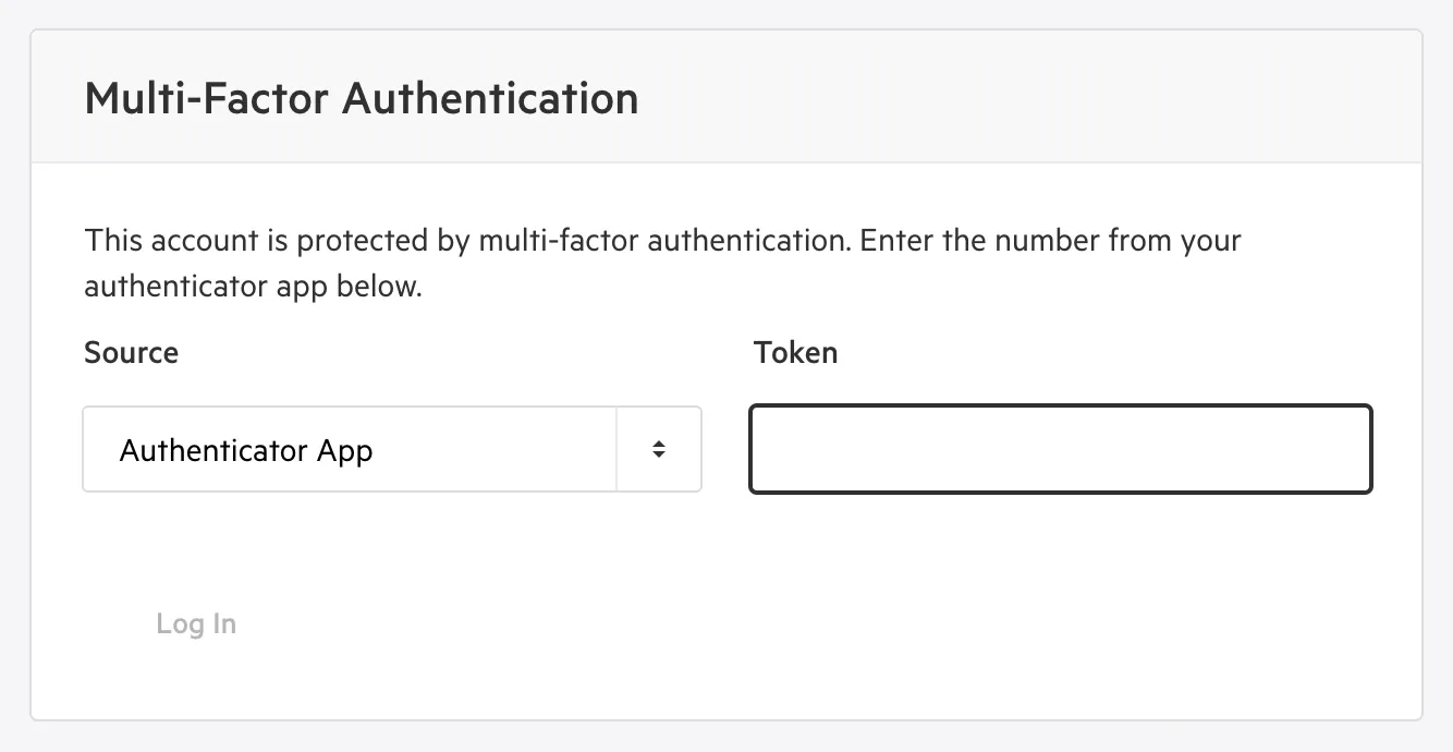 The Multi-Factor Authentication screen, with the Source list and the Token field
