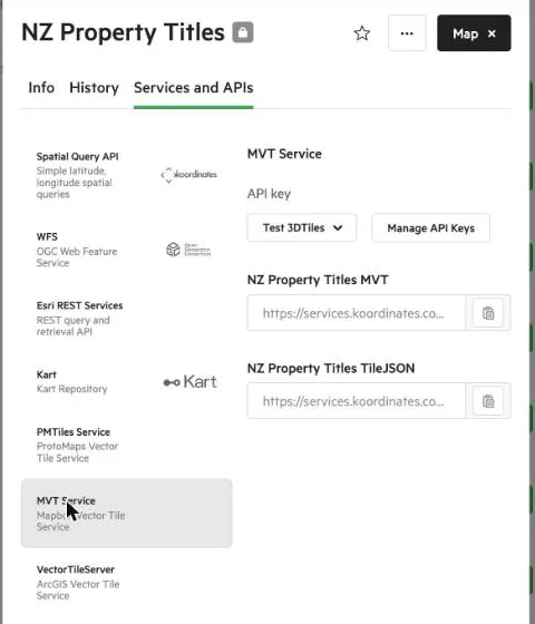 The MVT Service on a layer’s Services and APIs tab, with an API key menu, the MVT tile URL and the TileJSON URL