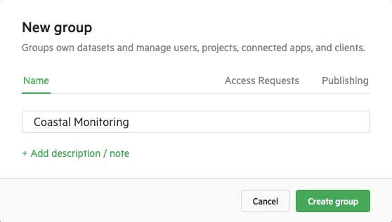 The New group dialog with a group name filled in