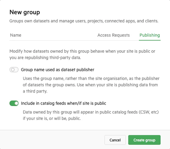 The Publishing tab of the New group dialog