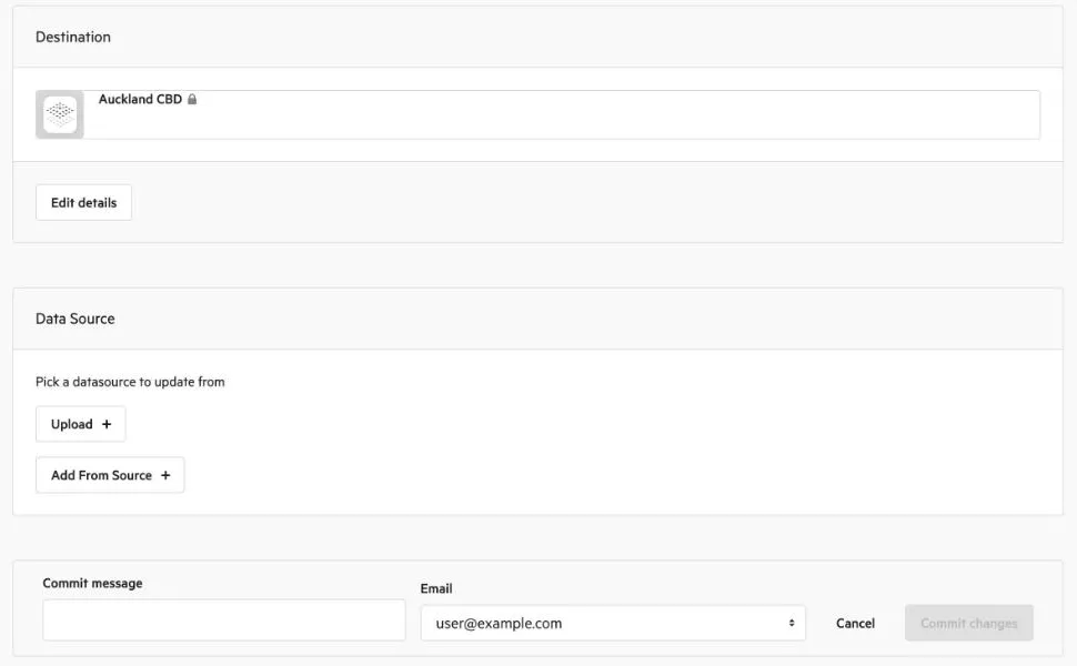 The point cloud update page with Destination, Data Source (Upload and Add From Source) and Commit message