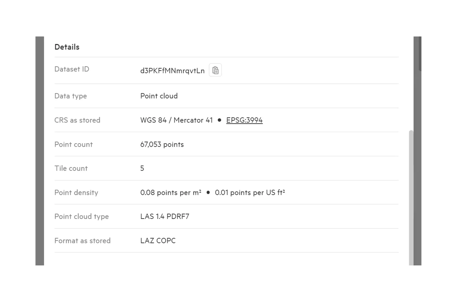 Details section of the data sheet, including CRS, point count, tile count and point density.