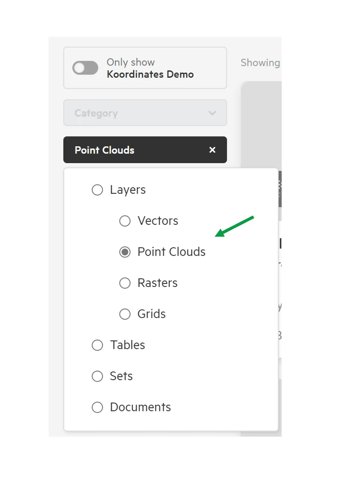 Data Type filter menu with Point Clouds selected.