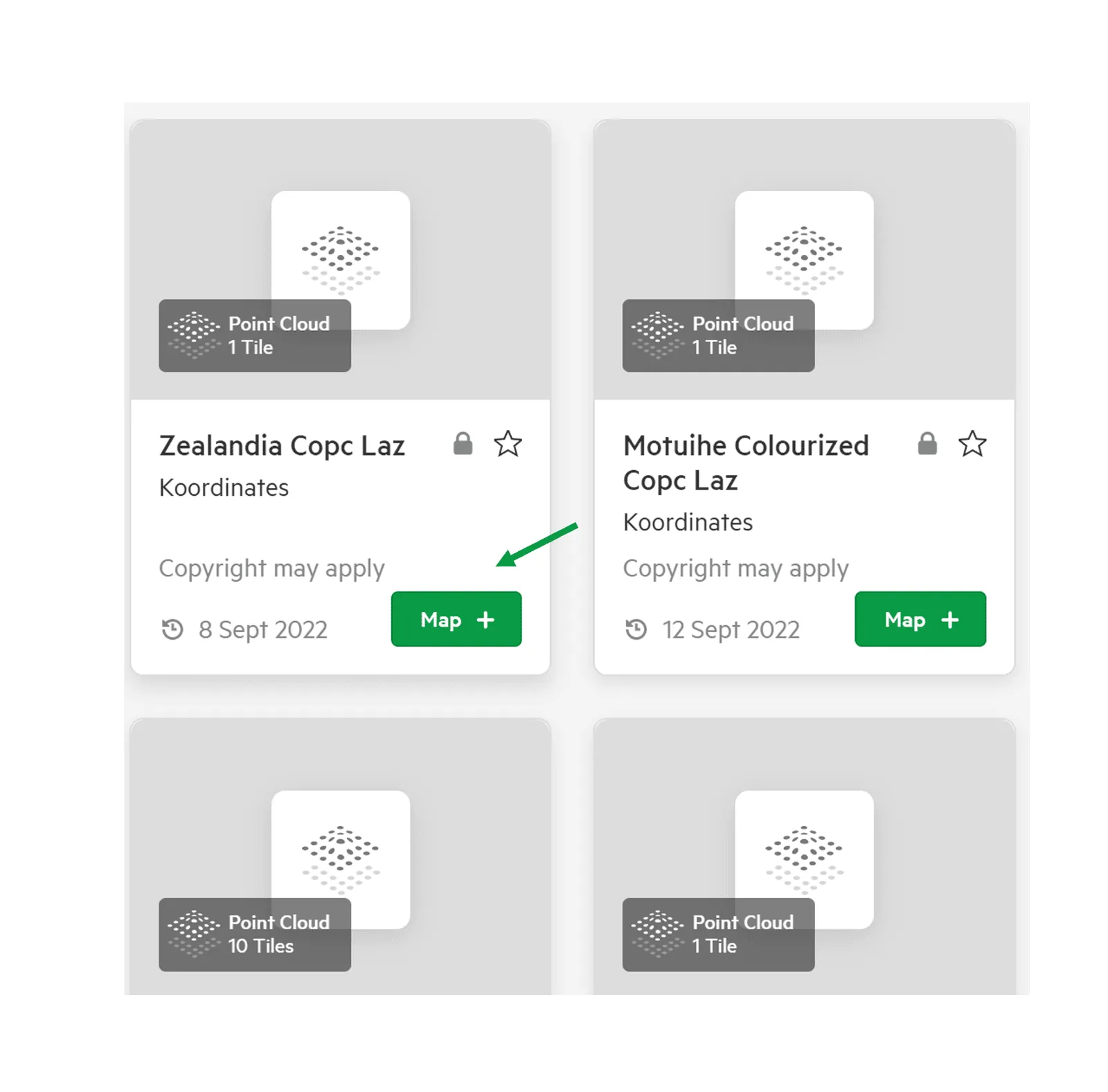 Point cloud dataset cards with the Map button marked by an arrow.