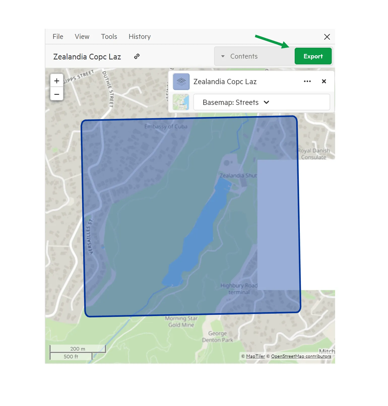 Map viewer showing a point cloud layer, with the Export button marked by an arrow.