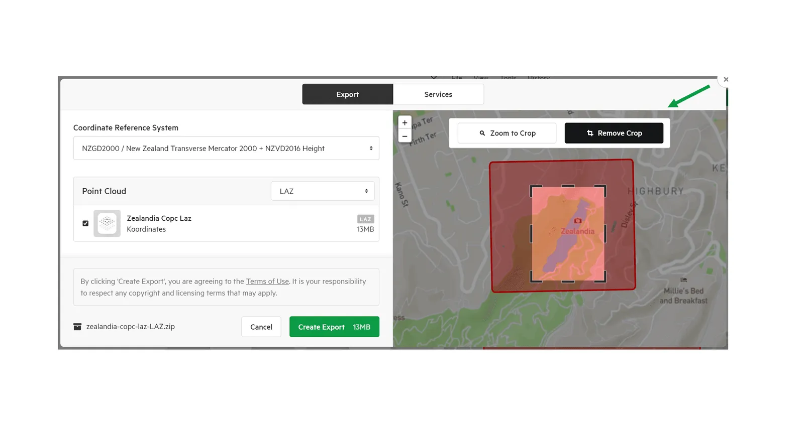 Export window with a crop box drawn on the preview map and a smaller export size.
