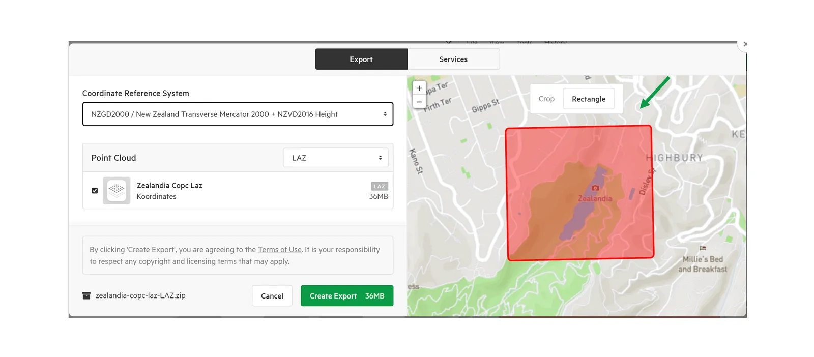 Export window with the Crop Rectangle option marked by an arrow.