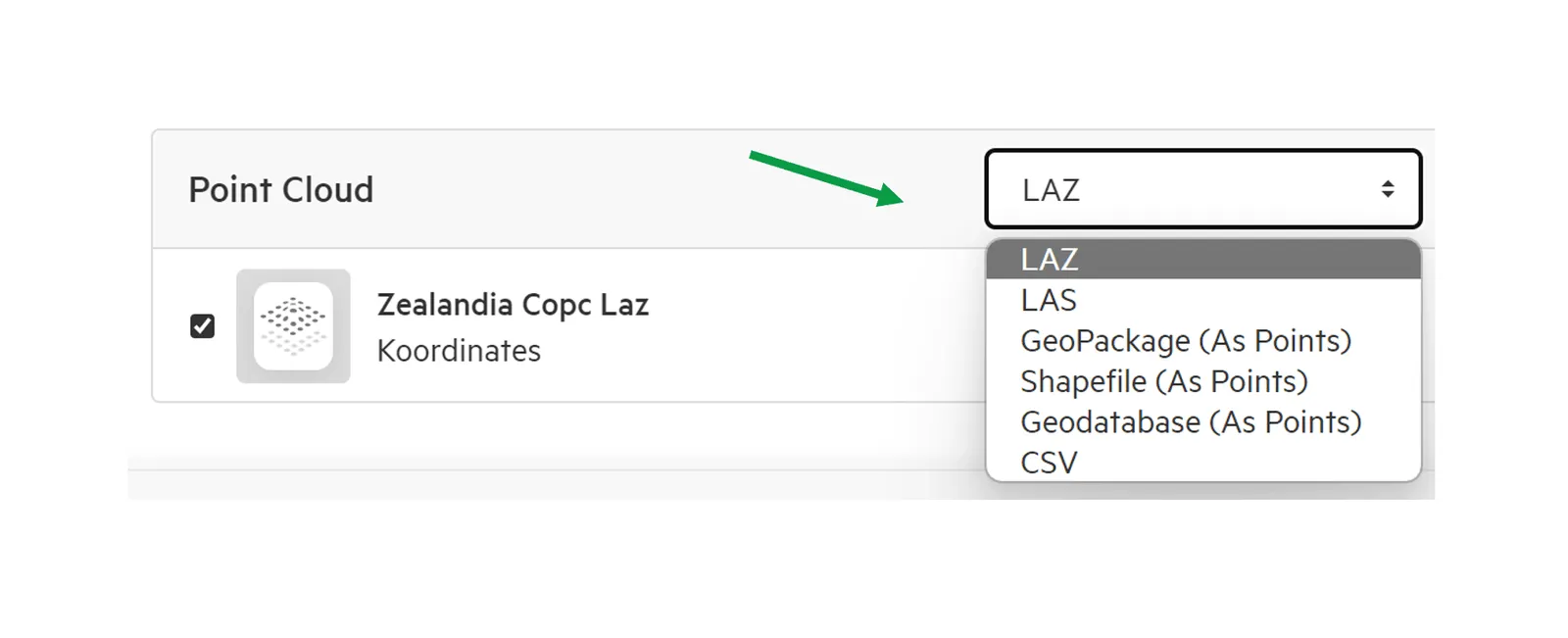Point cloud format menu open, listing LAZ, LAS, GeoPackage, Shapefile, Geodatabase and CSV.