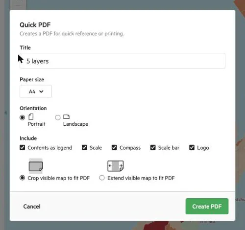 The Quick PDF dialog with title, paper size, orientation, include options and the Create PDF button