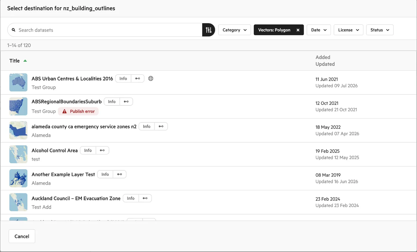 The Select destination window, listing datasets filtered to Vectors: Polygon